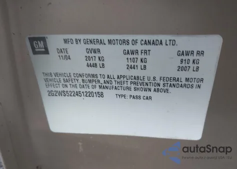 2005 Pontiac Grand Prix Gt from USA, damaged, VIN 2G2WS522451220158